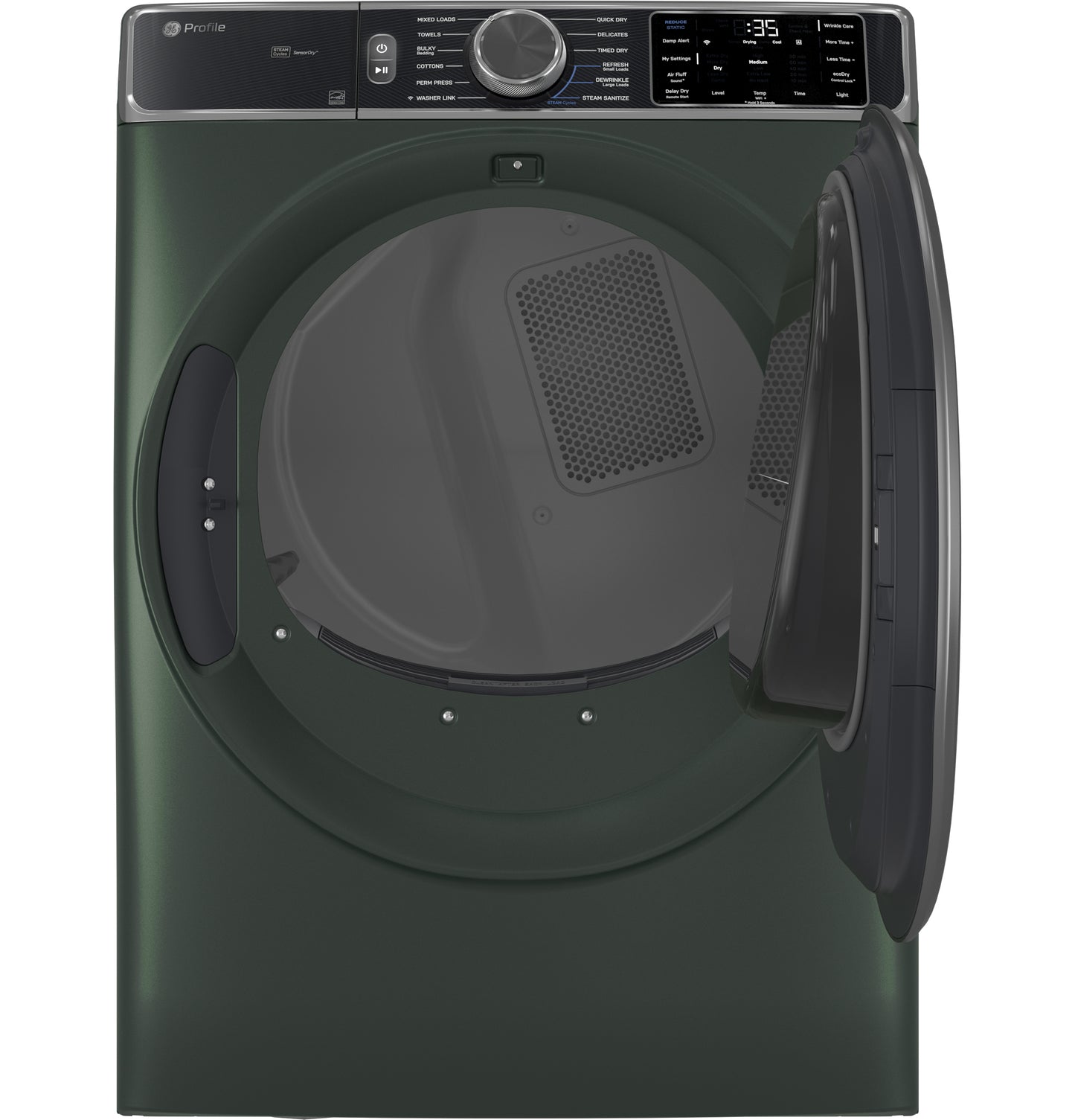 Dark green smart front load electric dryer with open door and digital control panel from Dryers and Appliances collections