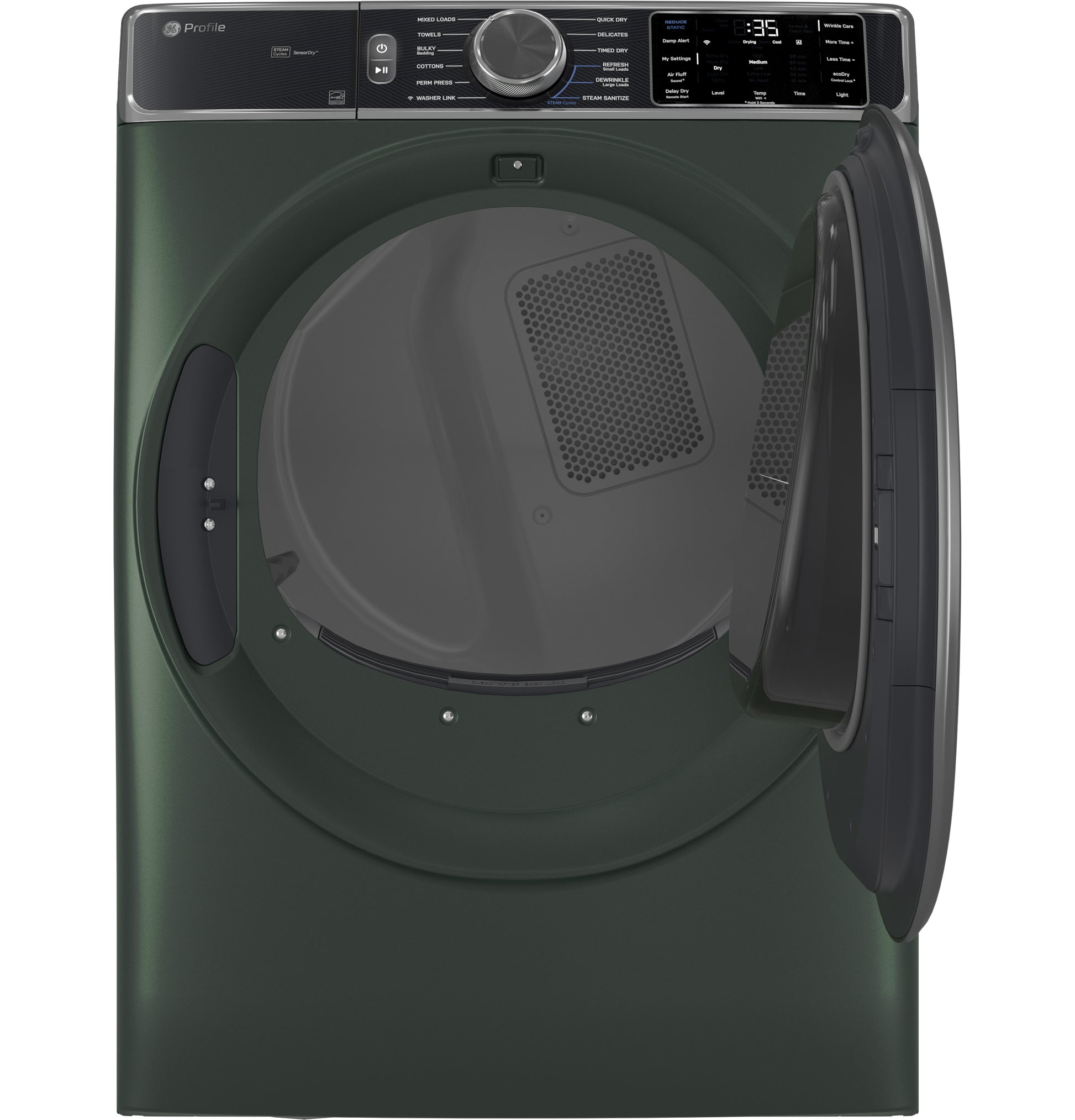 Dark green smart front load electric dryer with open door and digital control panel from Dryers and Appliances collections