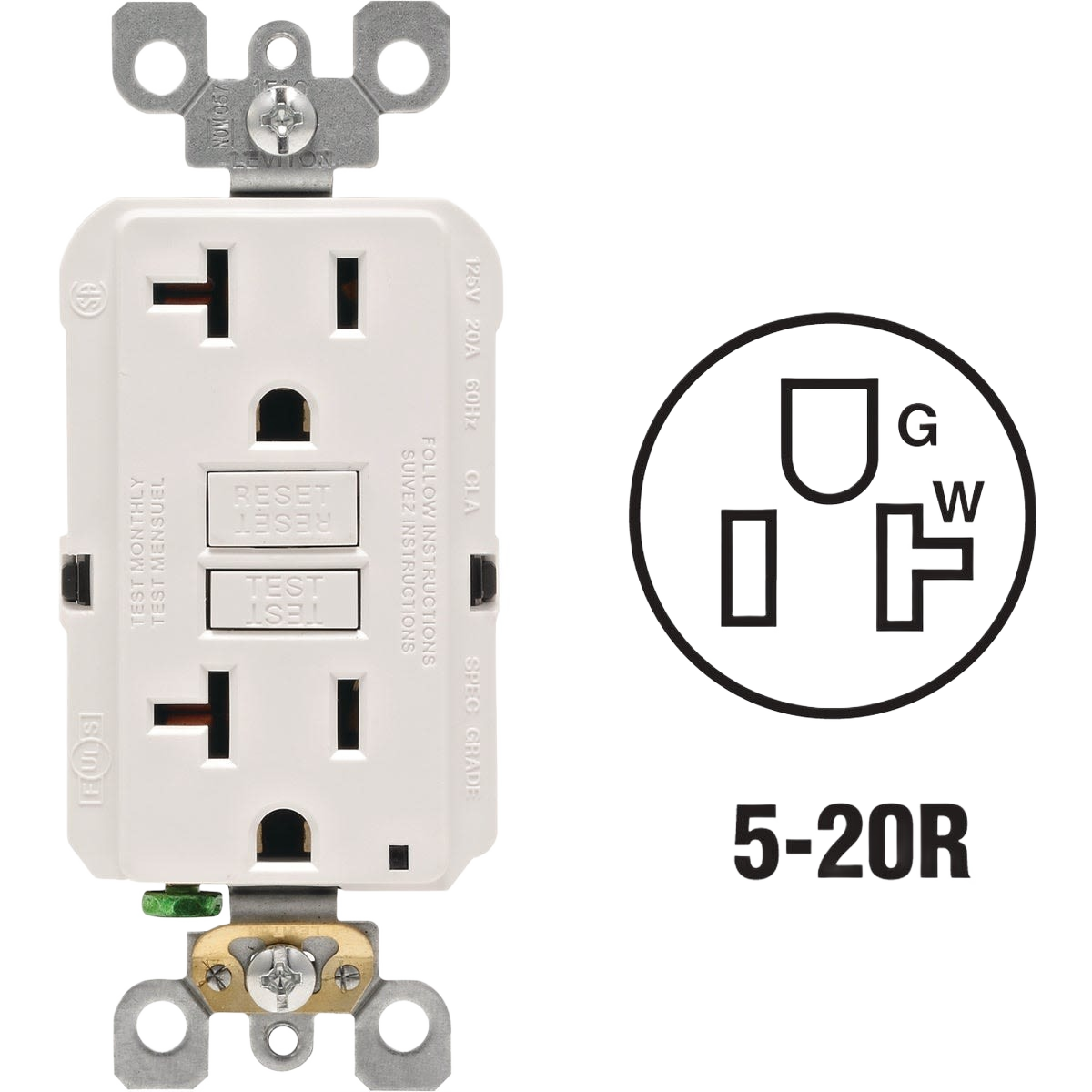 White commercial grade GFCI outlet with self-test buttons for electrical boxes and home improvement under $50 collections