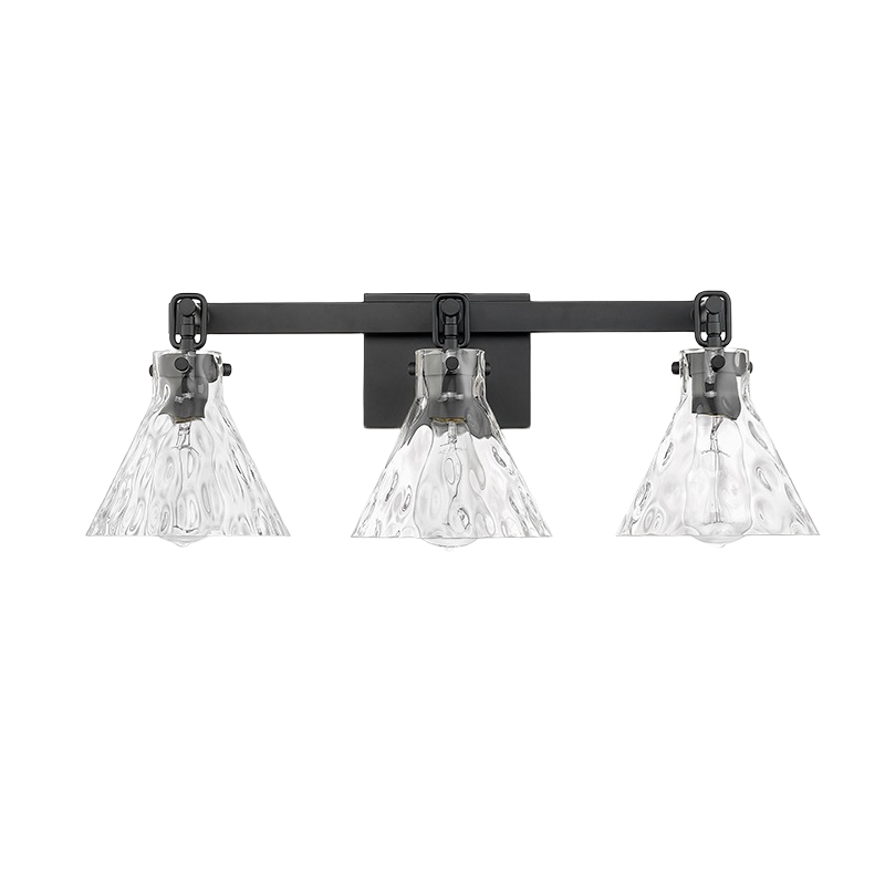 Three-light matte black vanity fixture with clear textured water glass shades for bathroom wall lighting