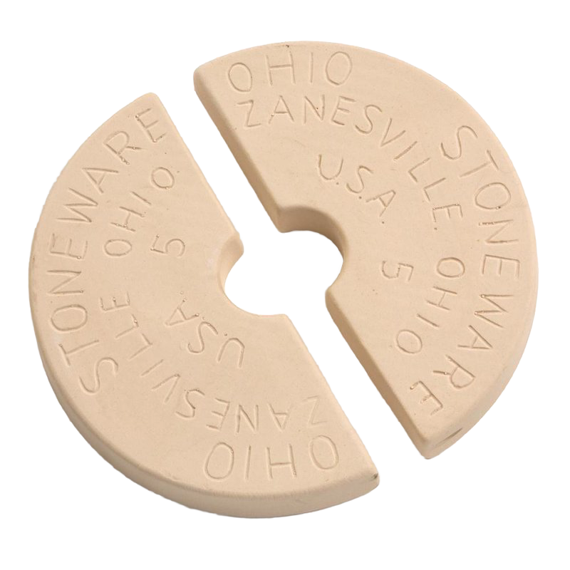 Beige segmented stoneware weight stones with Ohio and Zanesville embossed text for kitchenware and small appliance use
