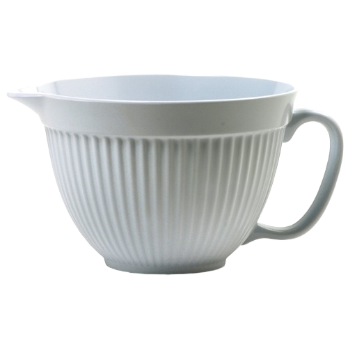 White mixing bowl with textured exterior, large handle, and pour spout for kitchenware and baking tasks
