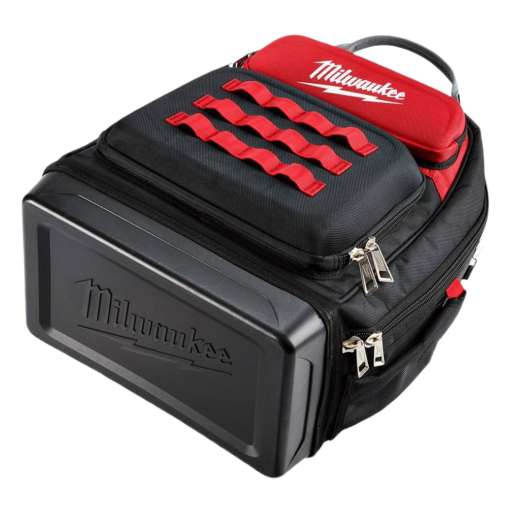 Heavy-duty black and red tool backpack with reinforced tool compartment and multiple storage pockets for home improvement tasks
