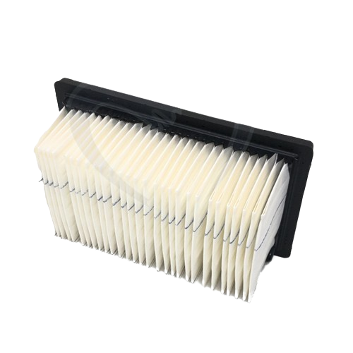 Rectangular pleated white air filter with black frame for equipment cab ventilation and dust protection