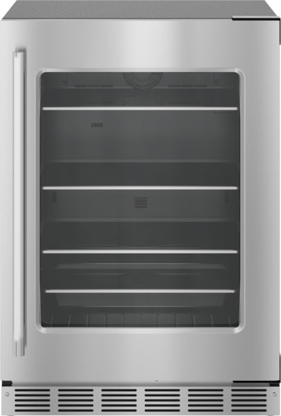 Under counter stainless steel refrigerator with glass door, right-hinged handle, and adjustable shelving in appliances collection