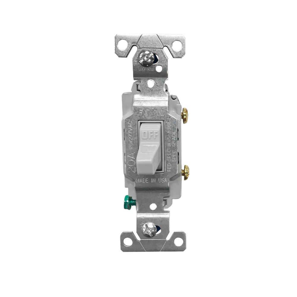 Gray single pole toggle switch rated for 20 amp with metal mounting bracket for electrical home improvement projects