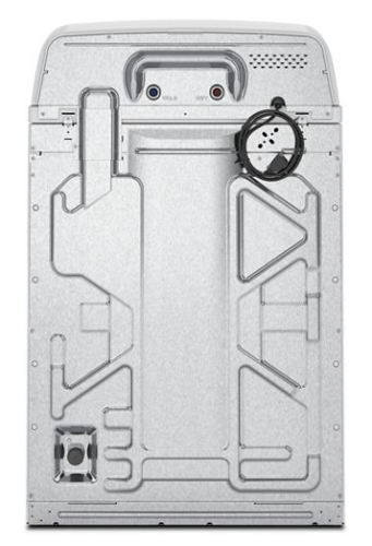 Back view of metal panel with water inlet connections and power cord for top load washer in appliances collection