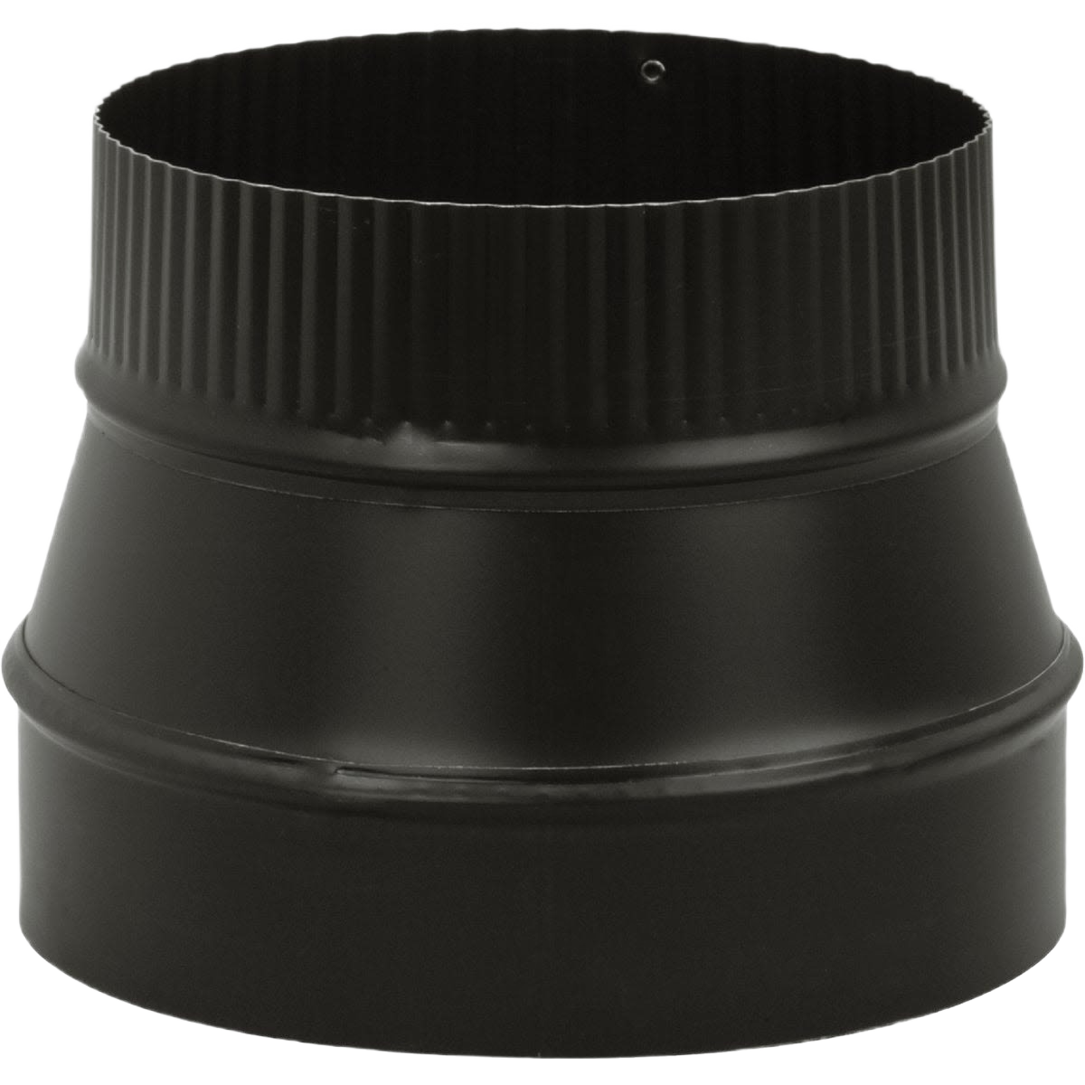 Black 24 gauge metal reducer fitting transitioning from 8 inch to 6 inch for home improvement ductwork