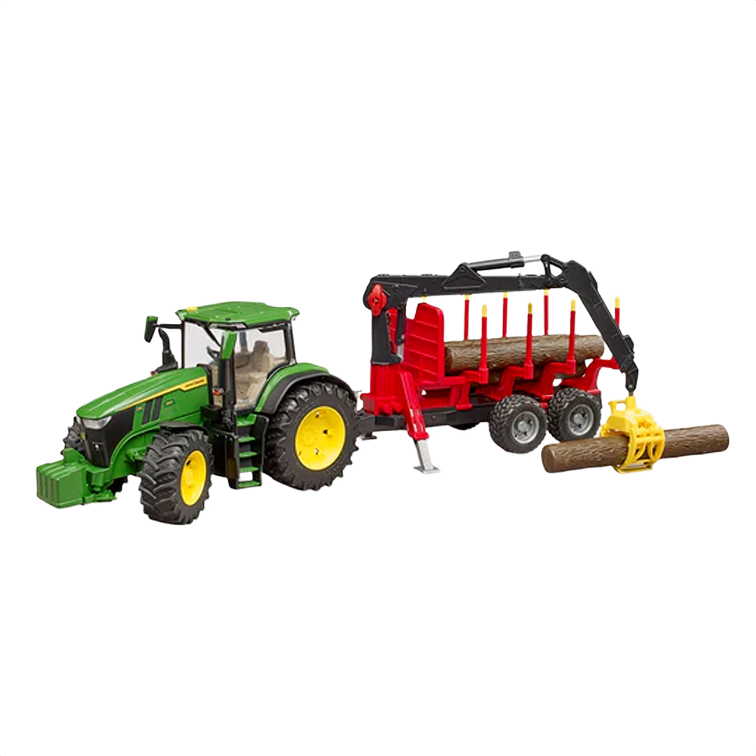 Green toy tractor with yellow wheels attached to red forestry trailer lifting wooden logs, ideal for imaginative play.