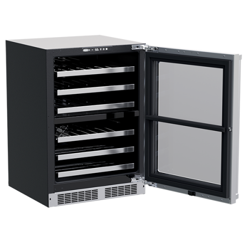 Built-in dual zone wine refrigerator with glass door and stainless steel frame in kitchen appliances collection