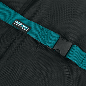 Teal nylon strap with black plastic buckle on a padded protective bag for woodworking tool accessories.