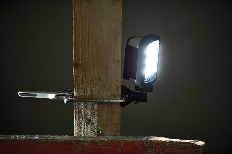 Strong magnetic Syslite adapter base clamped to wooden beam for precise lighting in tool accessories and home improvement collections