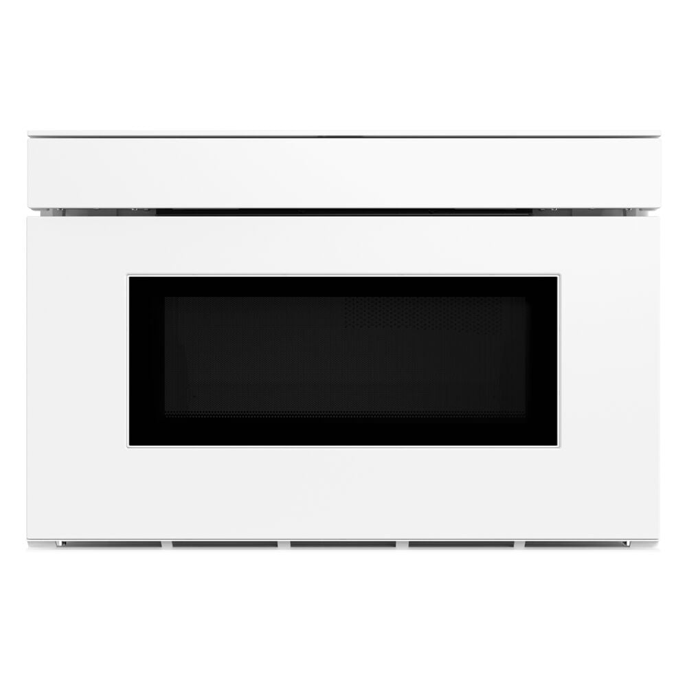 White microwave drawer with black window and sleek modern design in kitchen appliances and microwave drawers collection