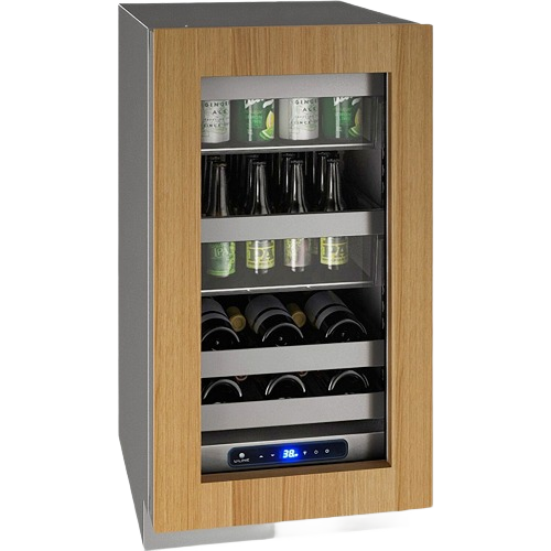 Compact beverage center with reversible wood frame door and glass front for kitchen and appliance collections