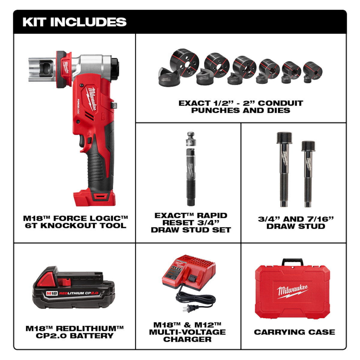 Milwaukee M18™ FORCE LOGIC™ 6T Knockout Tool 1/2" - 2" Kit