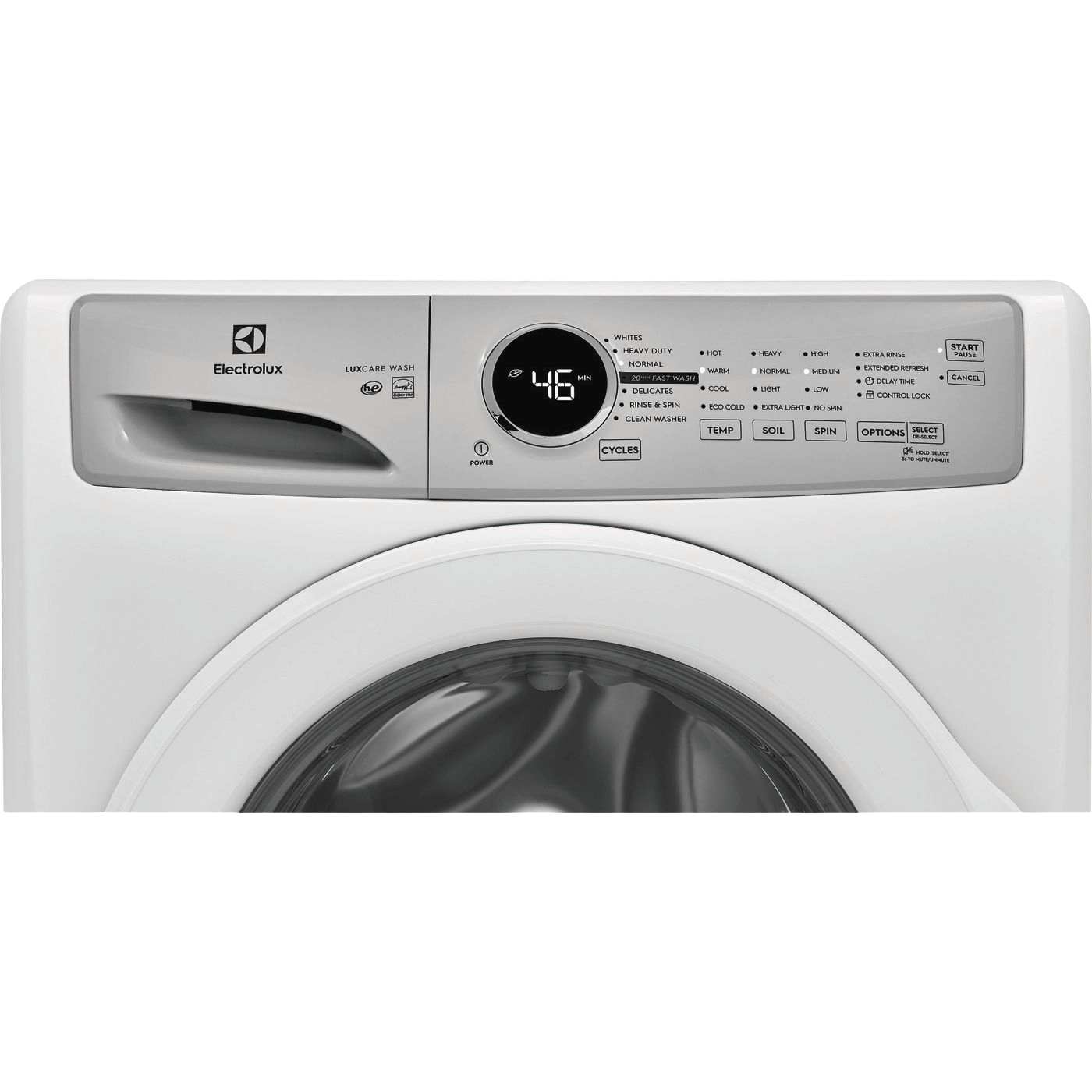 Front load washer control panel with digital display and multiple cycle options in white finish from washers collection