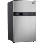 Compact dual-door refrigerator with independent freezer section and interior light, finished in stainless steel and black, part of Refrigerators, Top Freezer Refrigerators, Kitchen & Kitchenware, All Products, and Appliances collections.