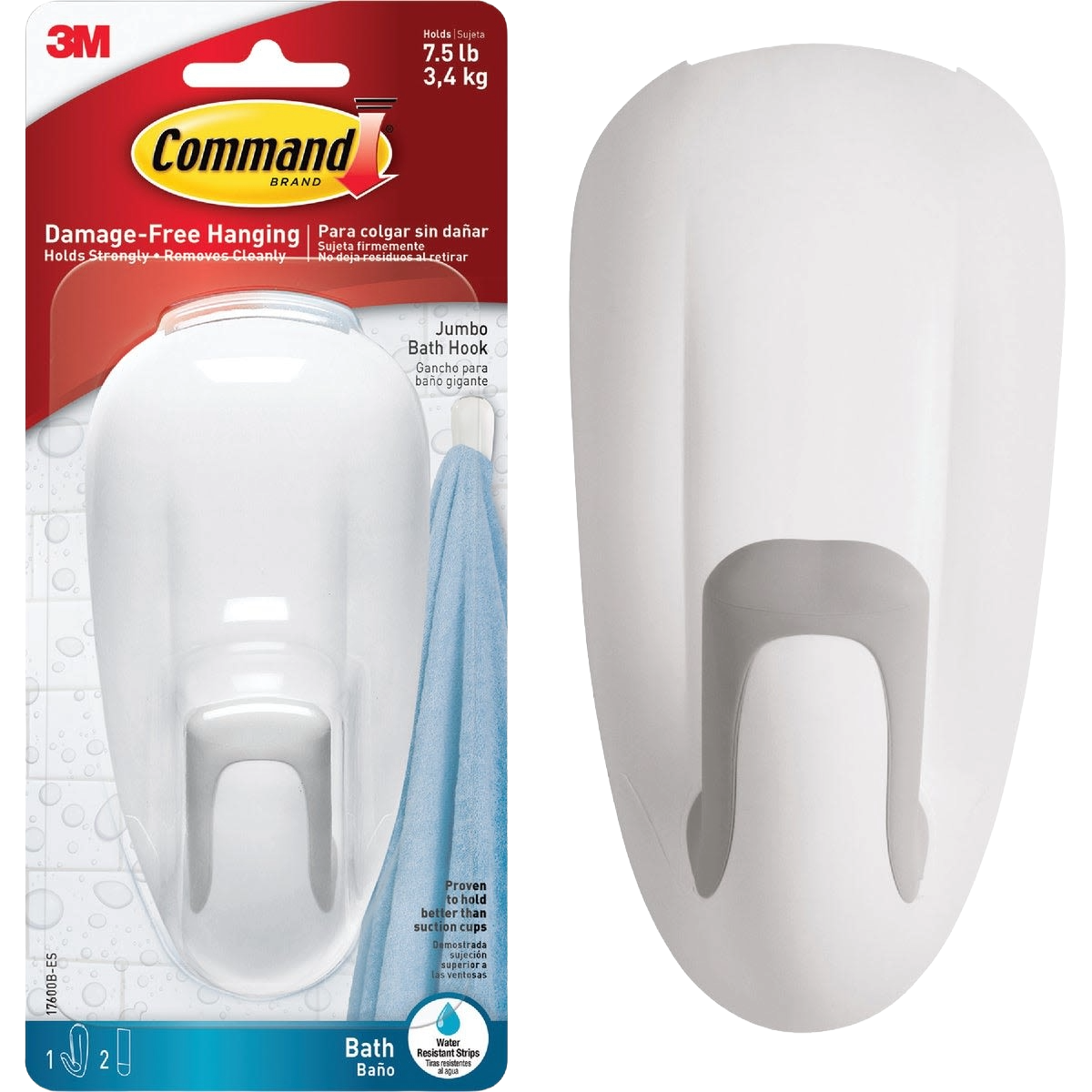 White jumbo bath hook with adhesive backing for damage-free hanging in bathroom hardware and fasteners collection