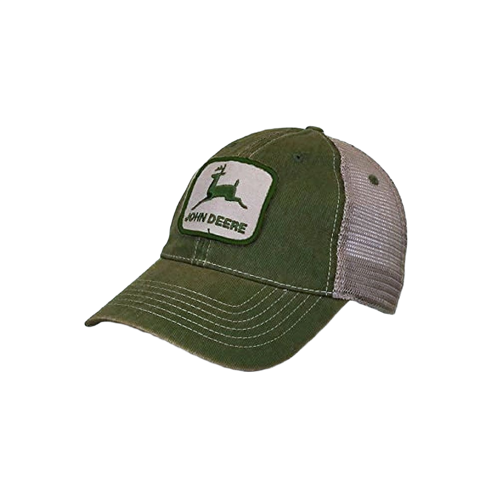 Men's green and beige stonewashed mesh cap with John Deere logo patch on front panel