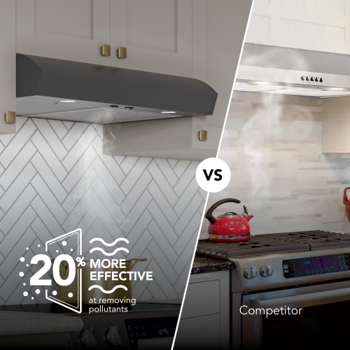 Side-by-side comparison of two under cabinet range hoods showing steam removal effectiveness for kitchen ventilation and home improvement products.