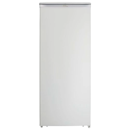 Tall white upright freezer with manual defrost and mechanical thermostat for kitchen and appliance use