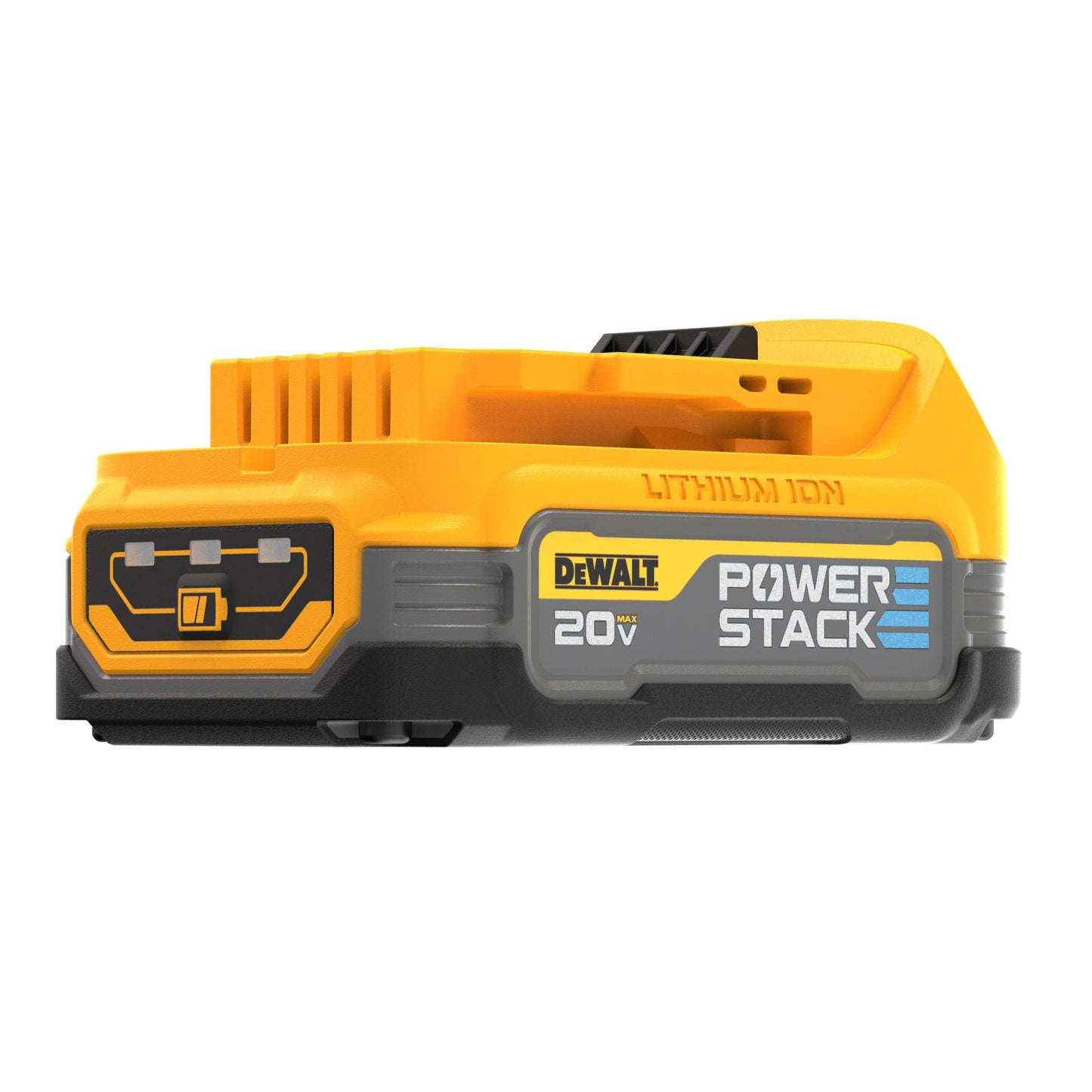 Compact 20V lithium-ion POWERSTACK battery in yellow and black for tools and home improvement use