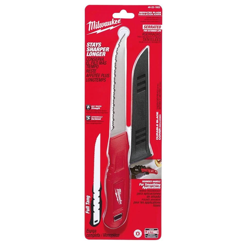 Red and black Milwaukee serrated blade insulation knife with protective sheath in packaging for insulation and hand tools collections