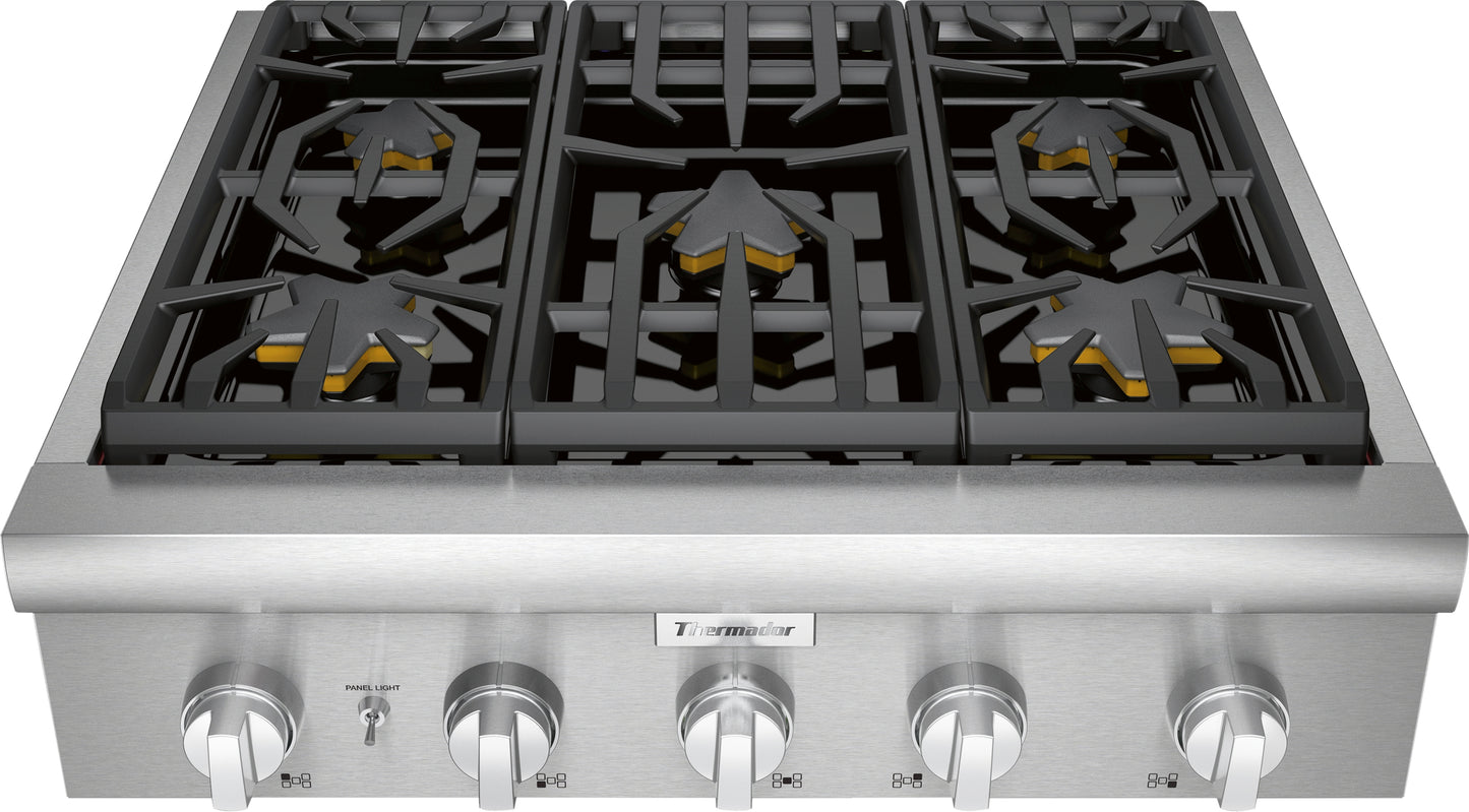 Stainless steel 30 inch gas rangetop with five black cast iron burners and control knobs from kitchen appliances collection