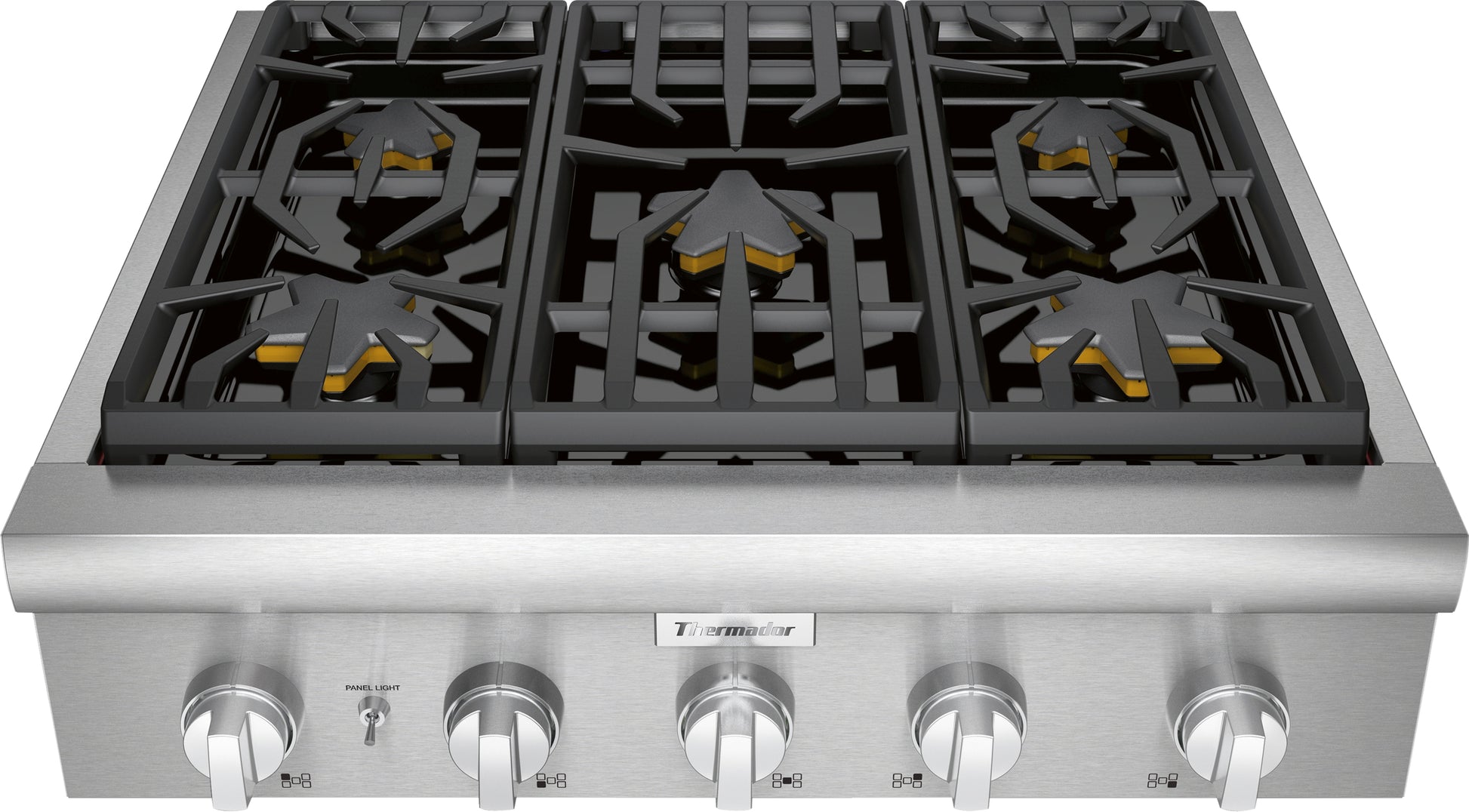 Stainless steel 30 inch gas rangetop with five black cast iron burners and control knobs from kitchen appliances collection