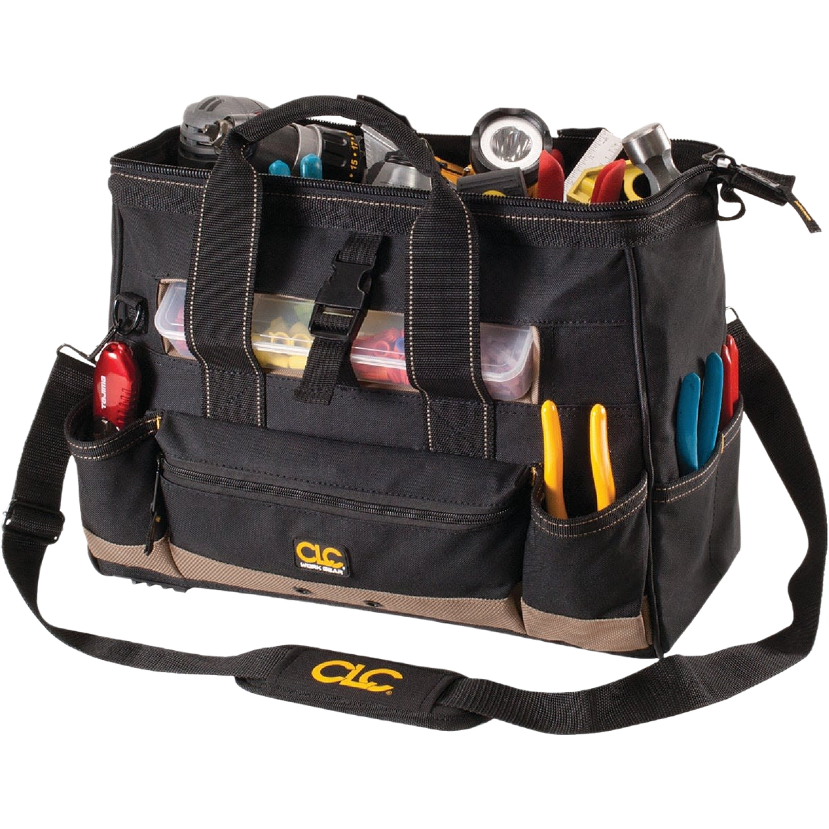 Black polyester tool bag with multiple pockets and sturdy handles for tool storage and workshop organization under 100 dollars