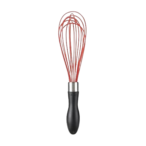 Silicone balloon whisk with flexible red head and black non-slip handle for kitchen utensils and cooking gadgets collections