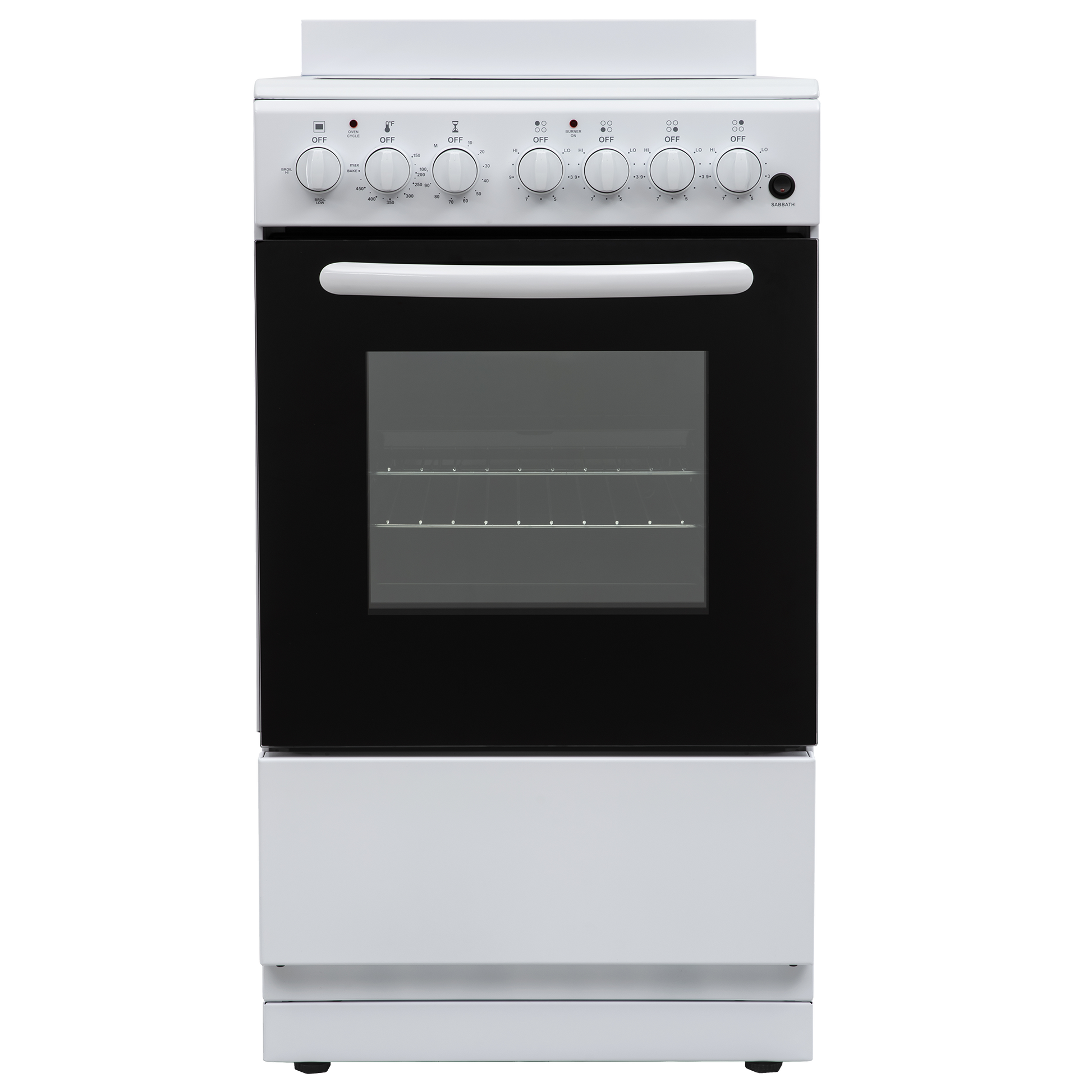 White electric range with oven window, six control knobs, and storage drawer, ideal for kitchen and appliance collections