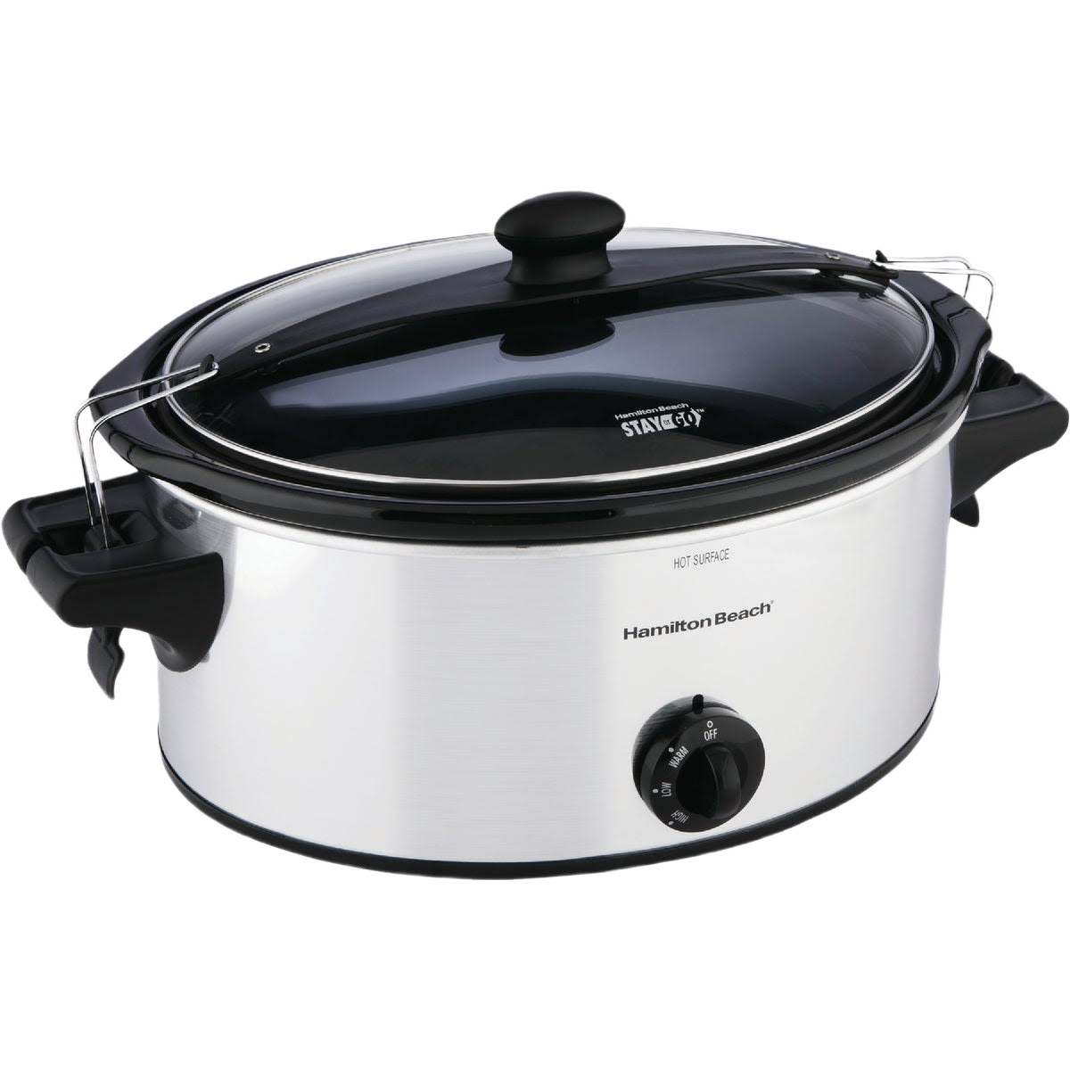 6-quart stainless steel slow cooker with black glass lid and adjustable temperature dial in small kitchen appliances collection