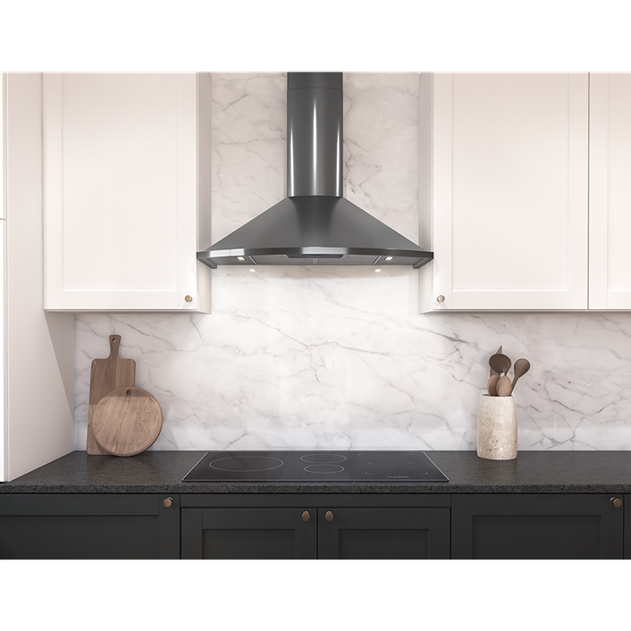 Black stainless steel chimney hood with LED lighting installed over stovetop in modern kitchen setting