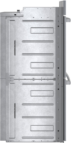 Side view of stainless steel Benchmark double wall oven showing door handles and metal casing details