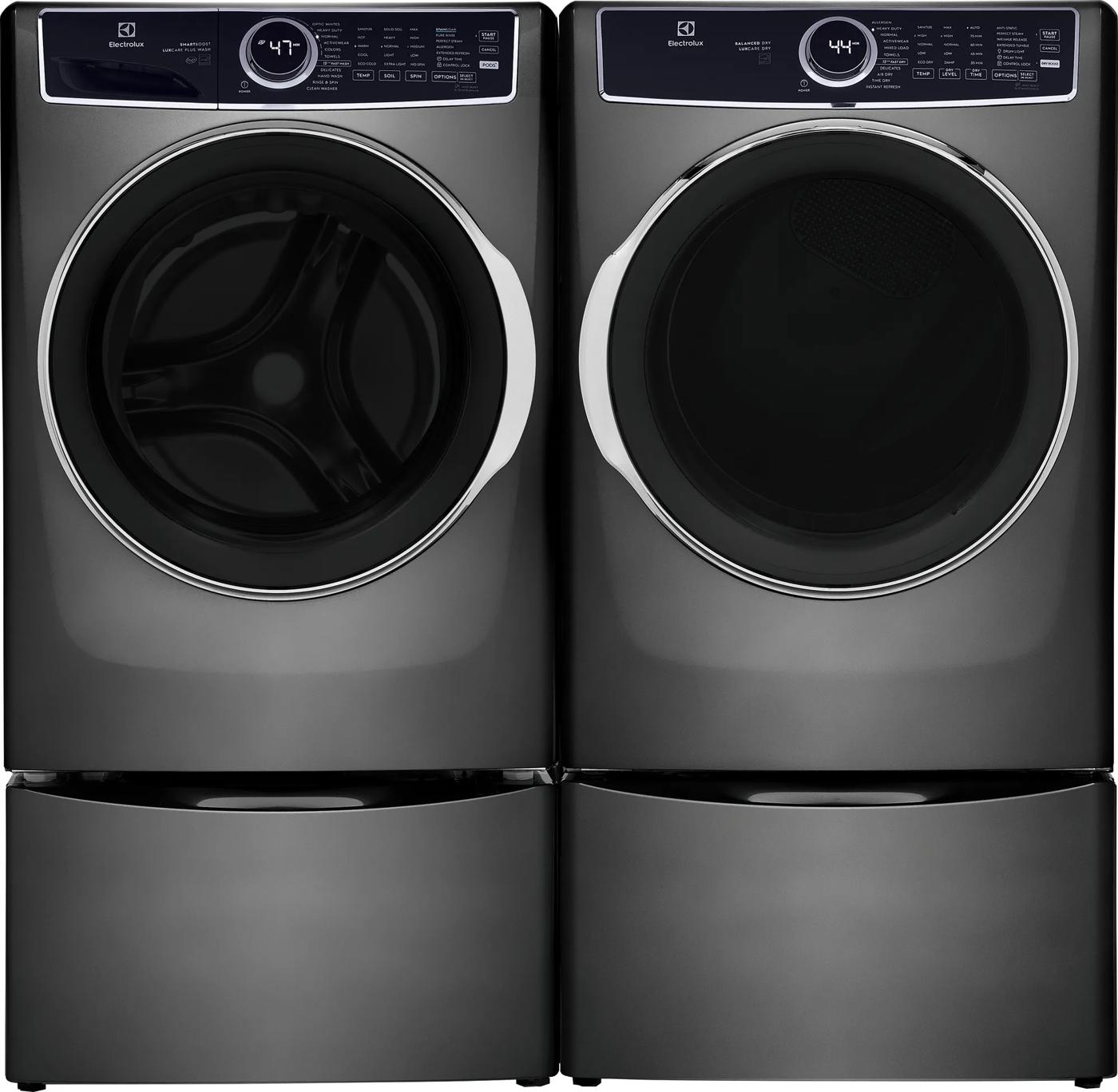 Pair of dark gray front load washers and dryers with digital display and circular doors from washers and dryers collection