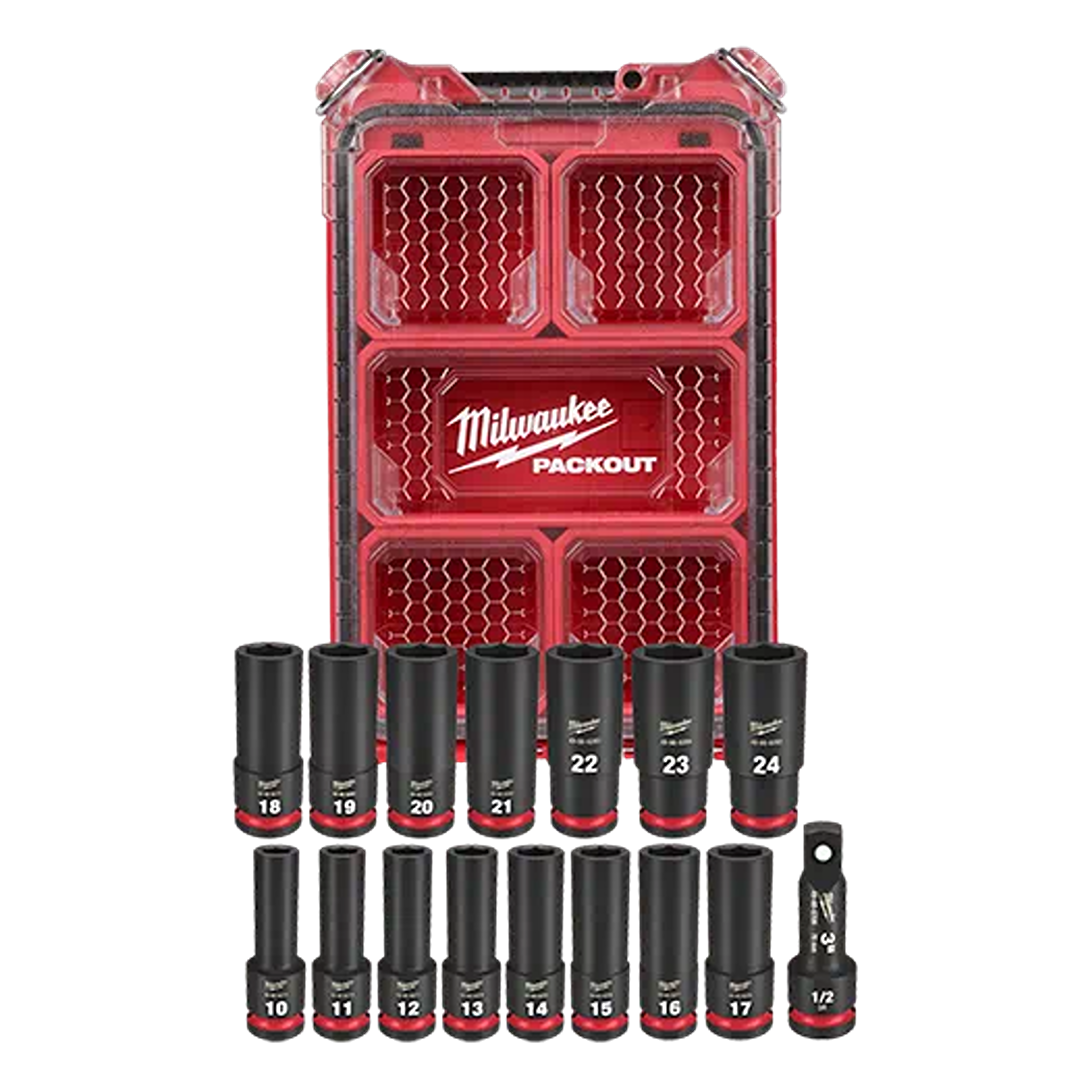 16-piece impact duty metric socket set with 1/2” drive in a red Milwaukee PACKOUT™ storage case for hand and woodworking tools