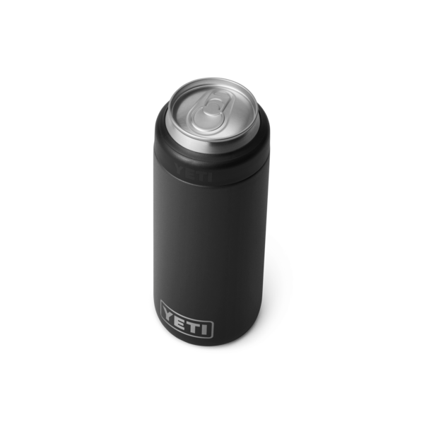 Black slim can insulator with YETI logo designed to keep 12 oz. slim cans cold, part of Drinkware, Tableware, and Kitchen & Kitchenware collections.
