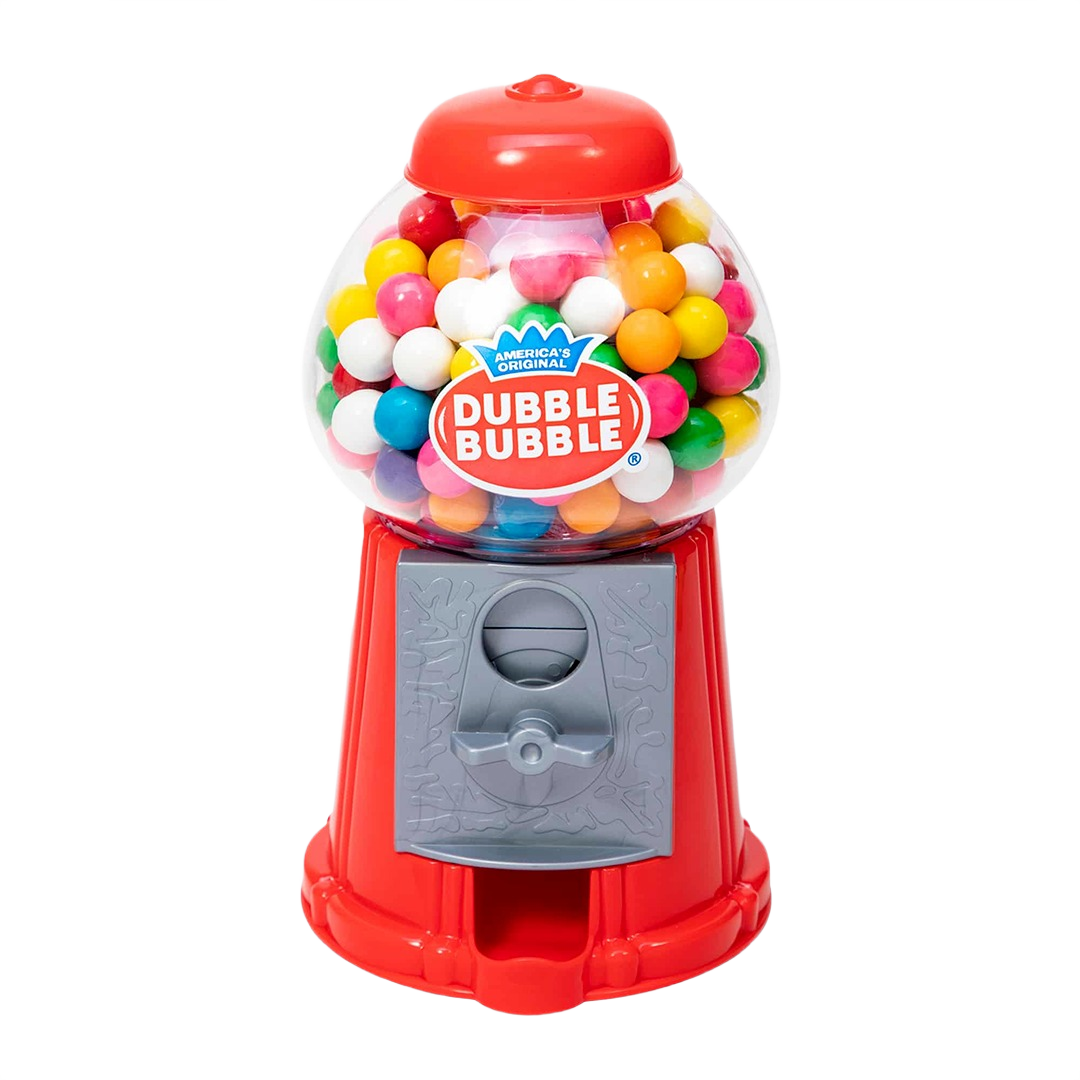 Red and gray vintage-style gumball coin bank filled with colorful plastic gumballs for decor and savings.