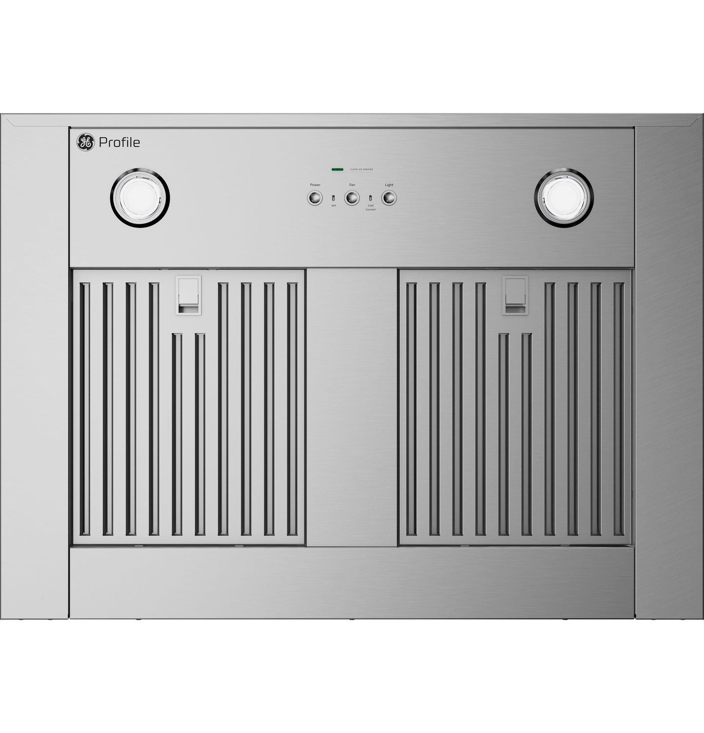 Stainless steel insert filter panel with dual circular controls and indicator lights for kitchen ventilation appliances.