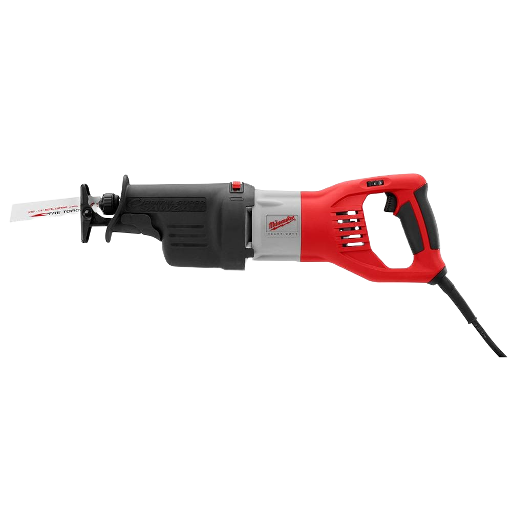 Electric reciprocating saw with red and black handle and sharp silver blade for home improvement tasks