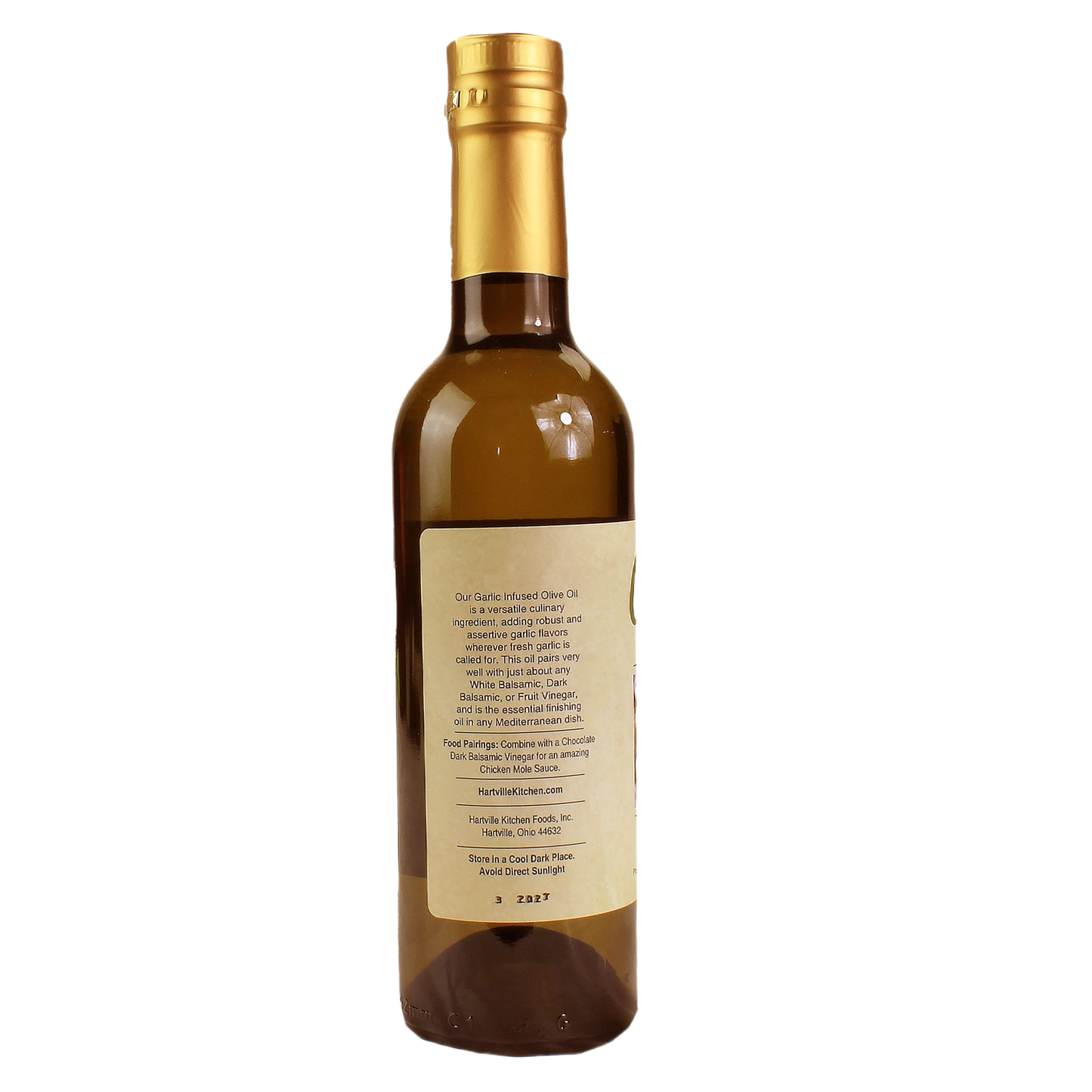 Back view of 12.7 oz garlic infused olive oil bottle for food and beverage collections under $50