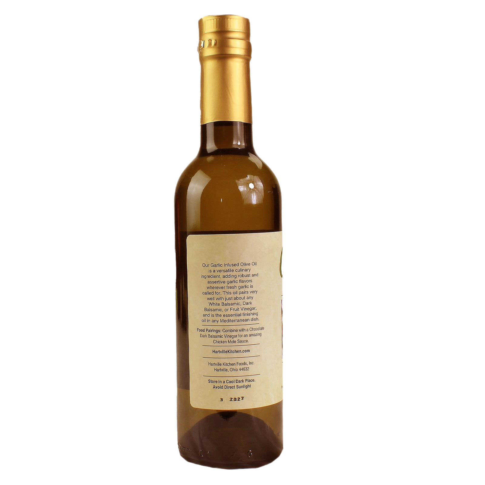 Back view of 12.7 oz garlic infused olive oil bottle for food and beverage collections under $50