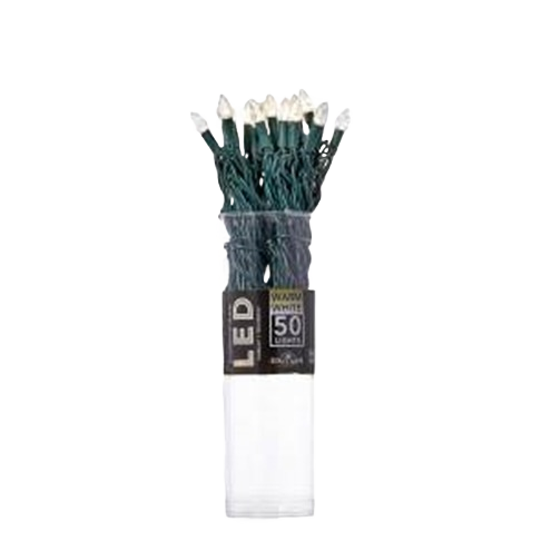 Compact bundle of warm white LED string lights with green wiring, featuring 50 energy-efficient bulbs for home improvement use