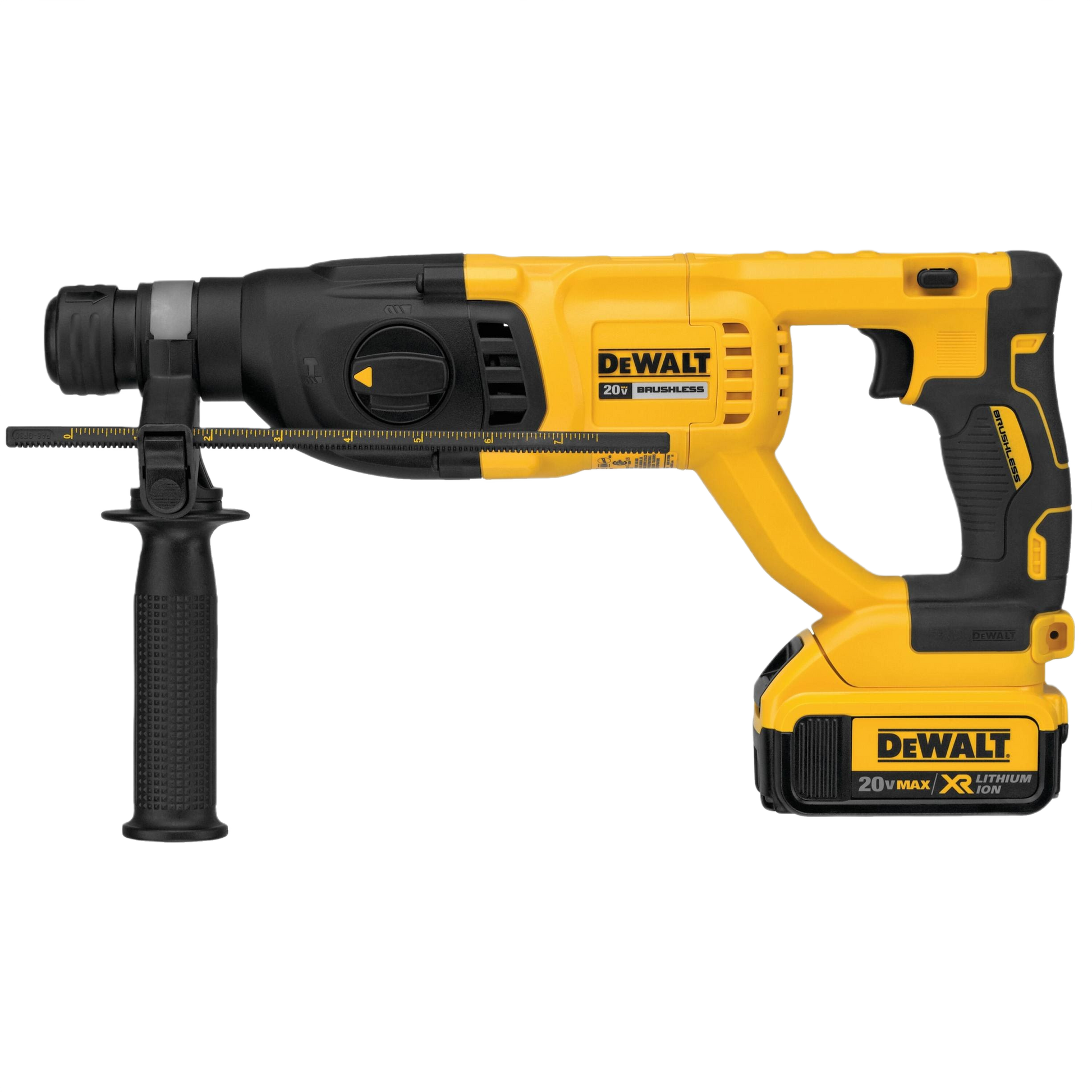 Yellow and black cordless rotary hammer with D-handle and lithium-ion battery for tools and home improvement tasks