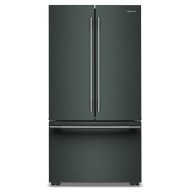 Front view of a counter-depth French door refrigerator with dark finish, sleek vertical handles, and a spacious bottom freezer, part of KitchenAid appliances in Refrigerators and French Door Refrigerators collections.