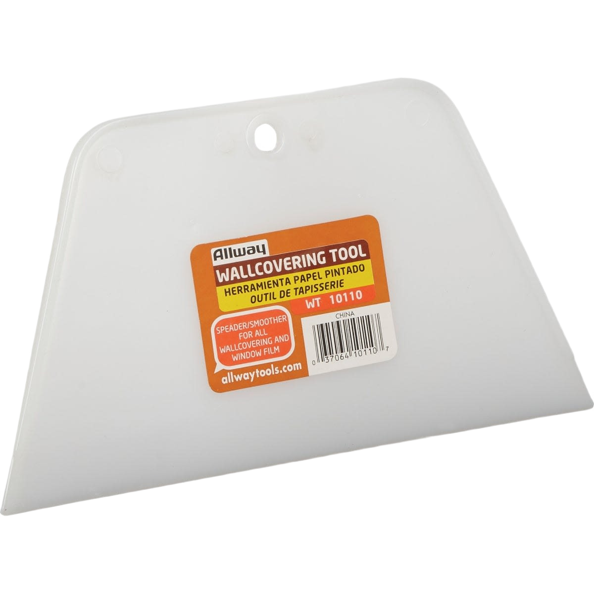 White plastic smoothing tool with angled edges and a hole for hanging, designed for wallcovering tasks