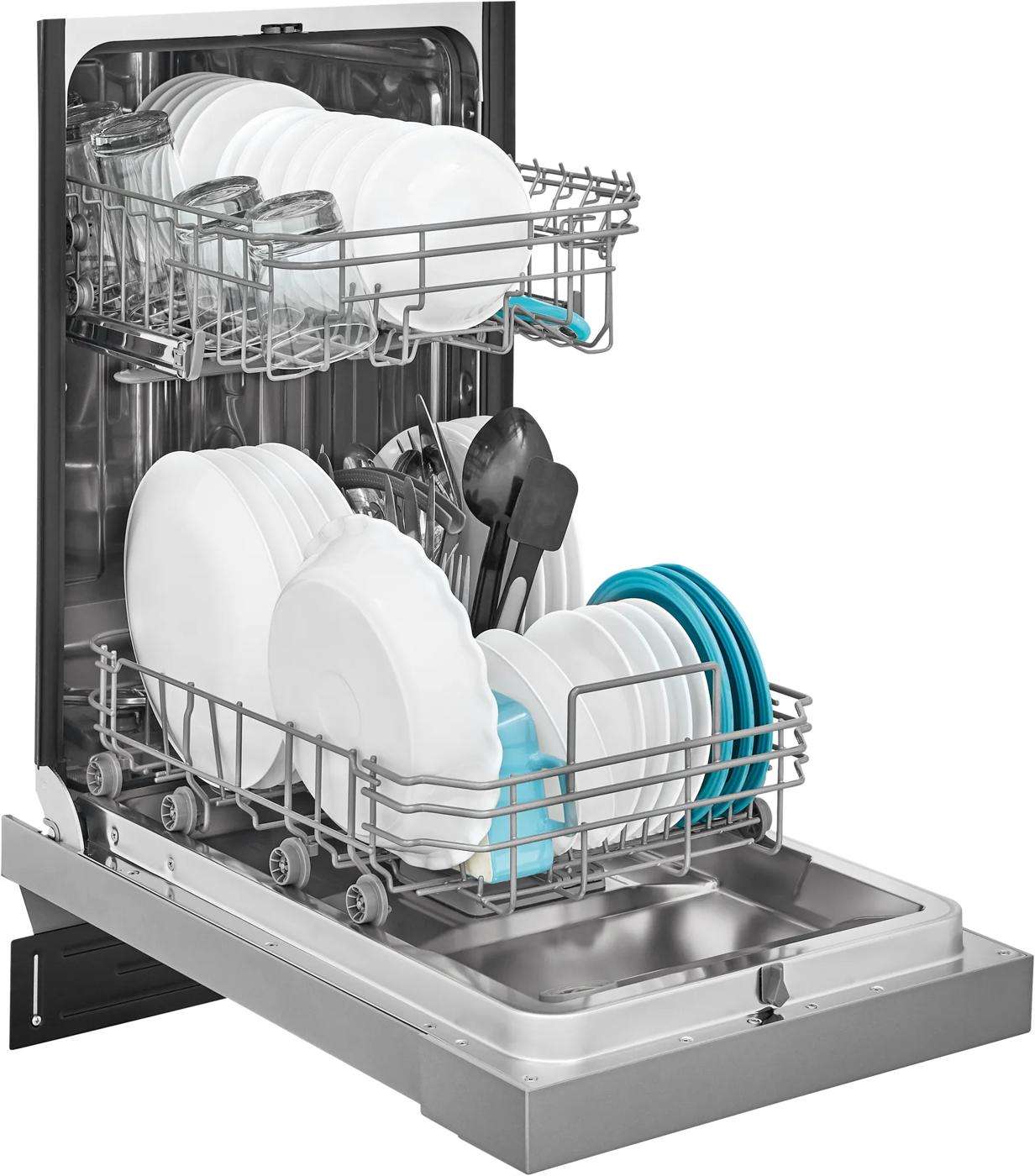 Open stainless steel 18-inch built-in dishwasher loaded with white and blue dishes and kitchen utensils from Appliances collection