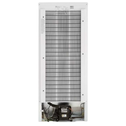 Rear view of white upright freezer showing condenser coils and compressor in appliance and kitchenware collection