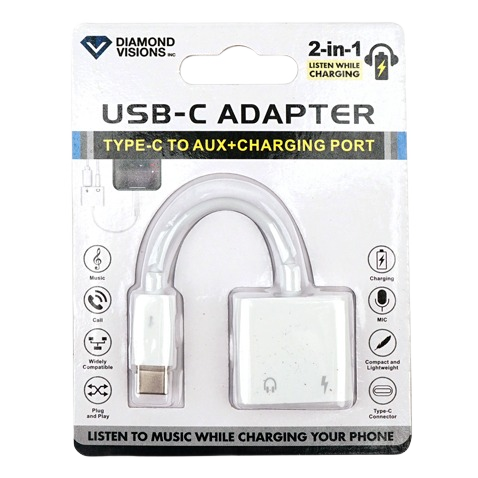 Compact USB-C adapter with headphone jack and charging port for simultaneous audio and power connection
